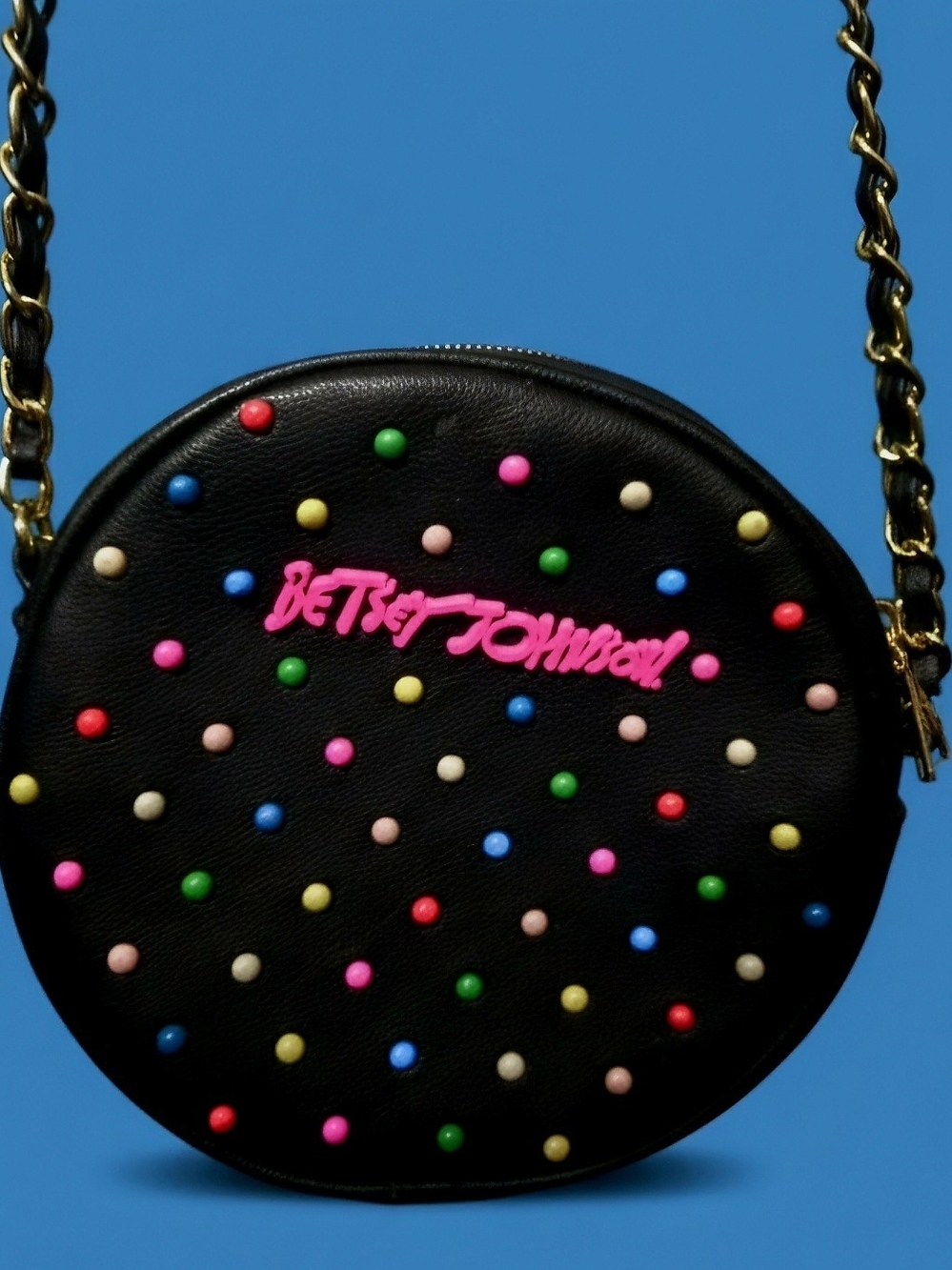 Betsey Johnson Round Polka Dot Studded Candy Crossbody Bag Zip Gold Chain Strap